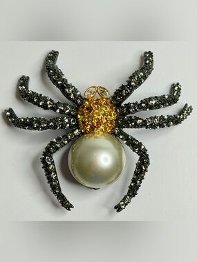 Joan Rivers Gold & Black Crystal Spider Brooch with Pearl